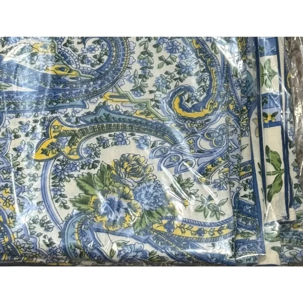 Vintage April Cornell Paisley Cotton Tablecloth Blue Yellow Floral Country Boho